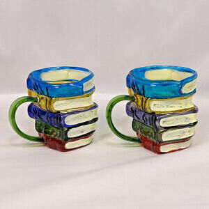 Set of 2 3D Stacked Books Coffee Mugs Colorful Hand Painted Style Novelty Cups